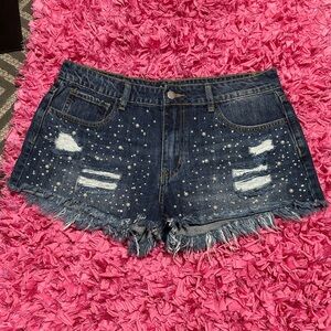 Vocal Dark Blue Distressed Jean Shorts
